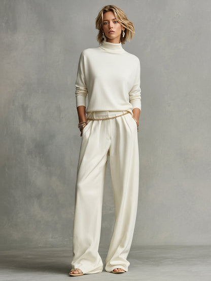 Elena — Completo due pezzi in maglia con pantaloni a gamba larga crema