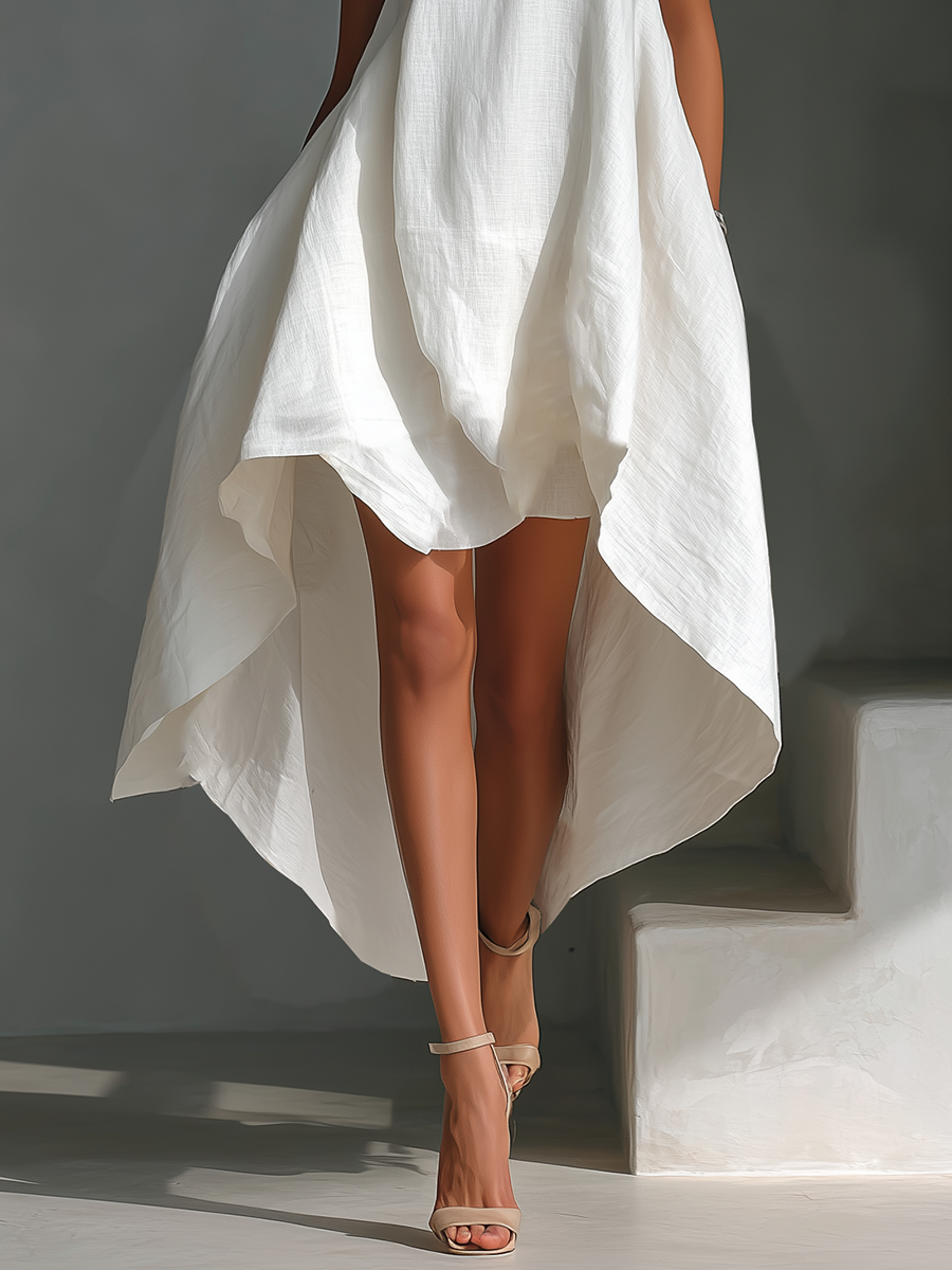 Attilia — Abito midi in lino con girocollo bianco