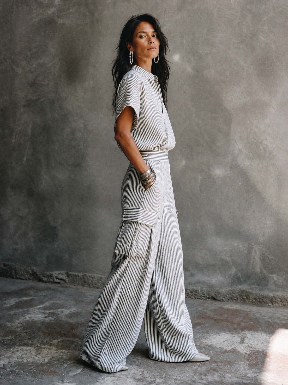 Fiorella — Completo due pezzi in cotone a righe grigio e bianco