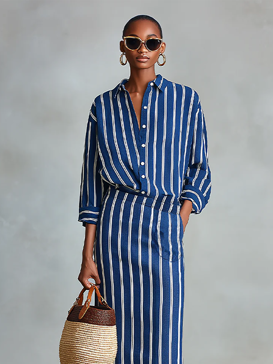 Cecilia — Completo due pezzi in cotone a righe blu royal