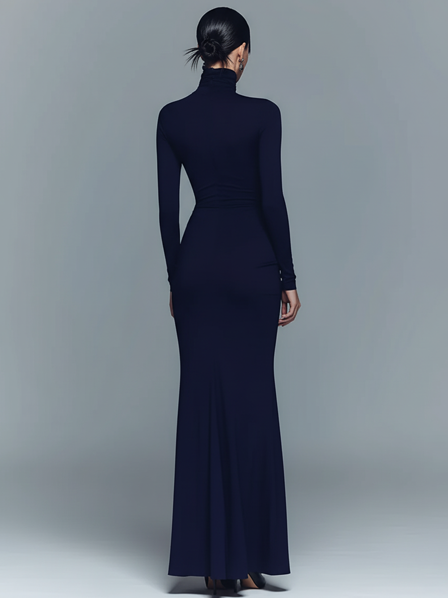 Gaudenzia — Abito lungo in cotone con collo alto blu navy