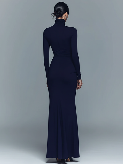 Gaudenzia — Abito lungo in cotone con collo alto blu navy
