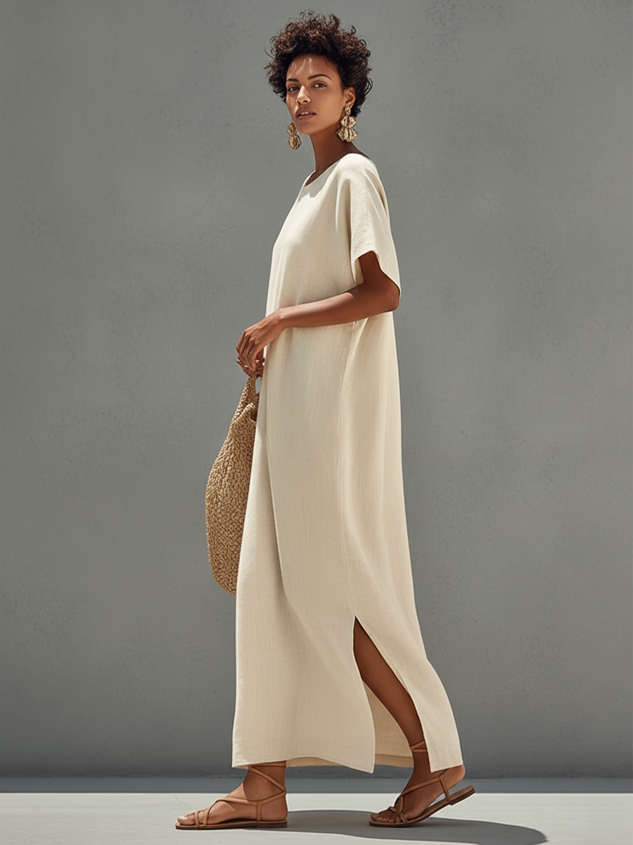 Cleofe — Abito in lino con girocollo bianco