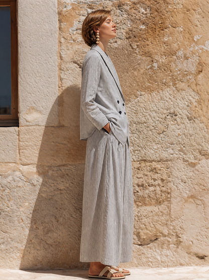 Marina — Completo due pezzi in lino a righe grigio e bianco