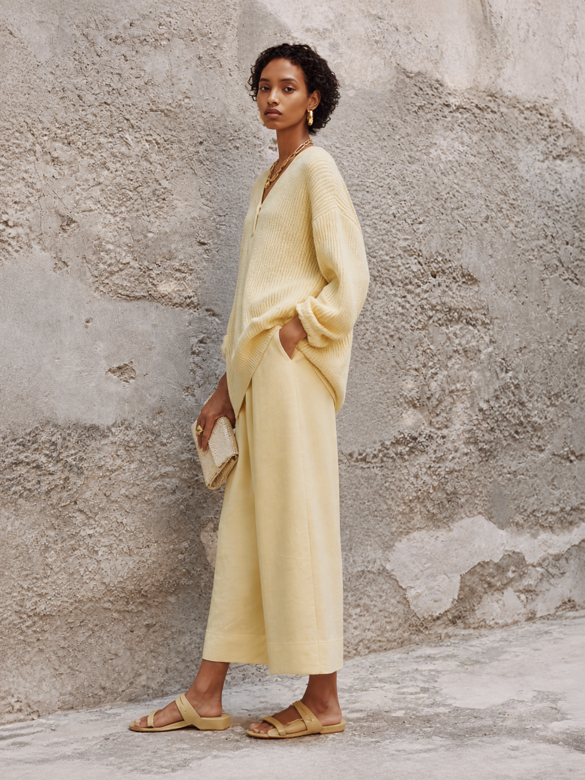 Ida — Completo due pezzi in maglia con pantaloni a gamba larga giallo