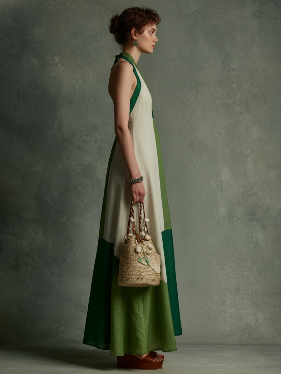 Vincenza — Abito lungo in lino color block