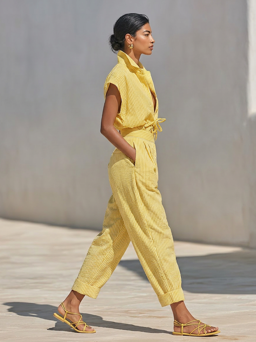 Benedetta — Completo due pezzi in cotone a righe giallo limone