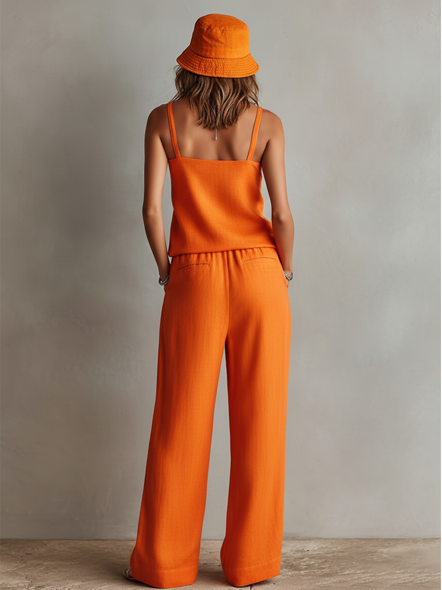 Arianna — Completo due pezzi in lino con pantaloni a gamba larga arancione