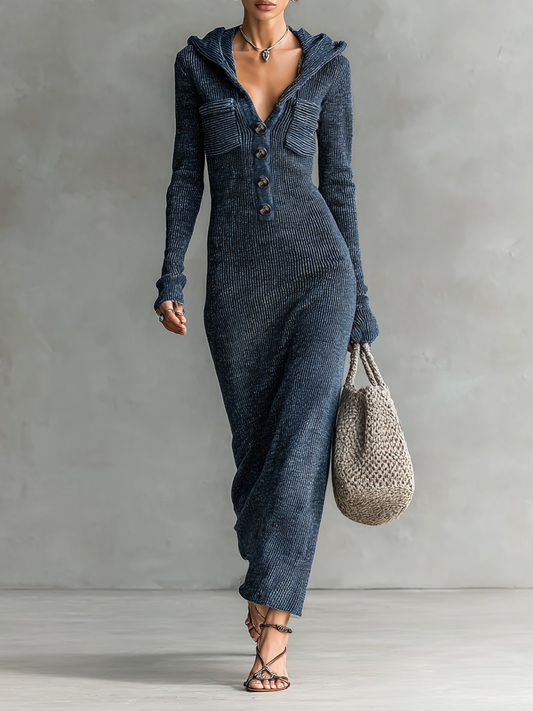 Adelaide — Abito lungo in maglia elasticizzata a manica lunga blu navy