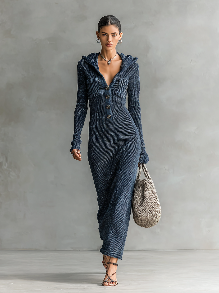 Adelaide — Abito lungo in maglia elasticizzata a manica lunga blu navy