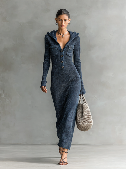 Adelaide — Abito lungo in maglia elasticizzata a manica lunga blu navy