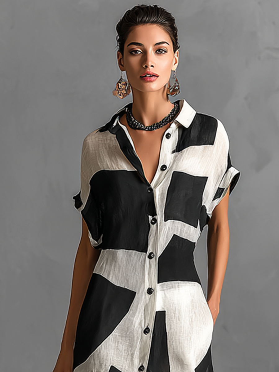 Isa — Abito camicia in cotone e lino geometrico