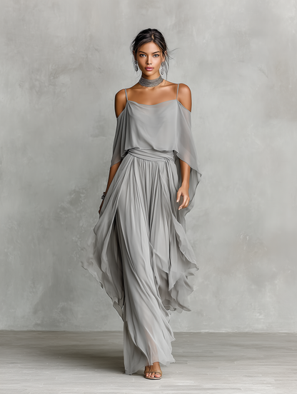 Brigida — Completo due pezzi in chiffon con pantaloni a gamba larga