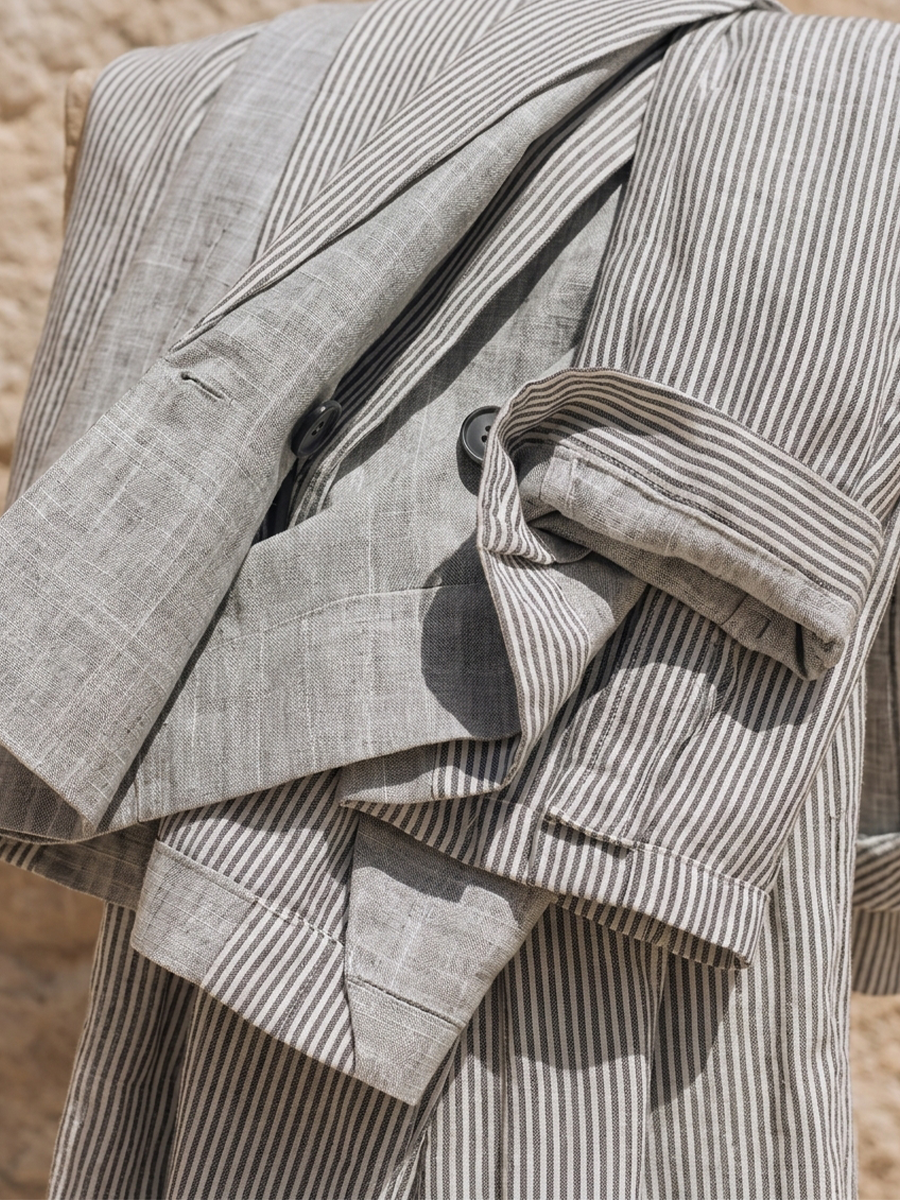 Marina — Completo due pezzi in lino a righe grigio e bianco