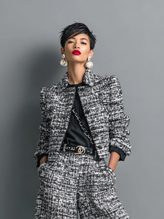 Ottavia — Completo in tweed con giacca corta e pantaloni