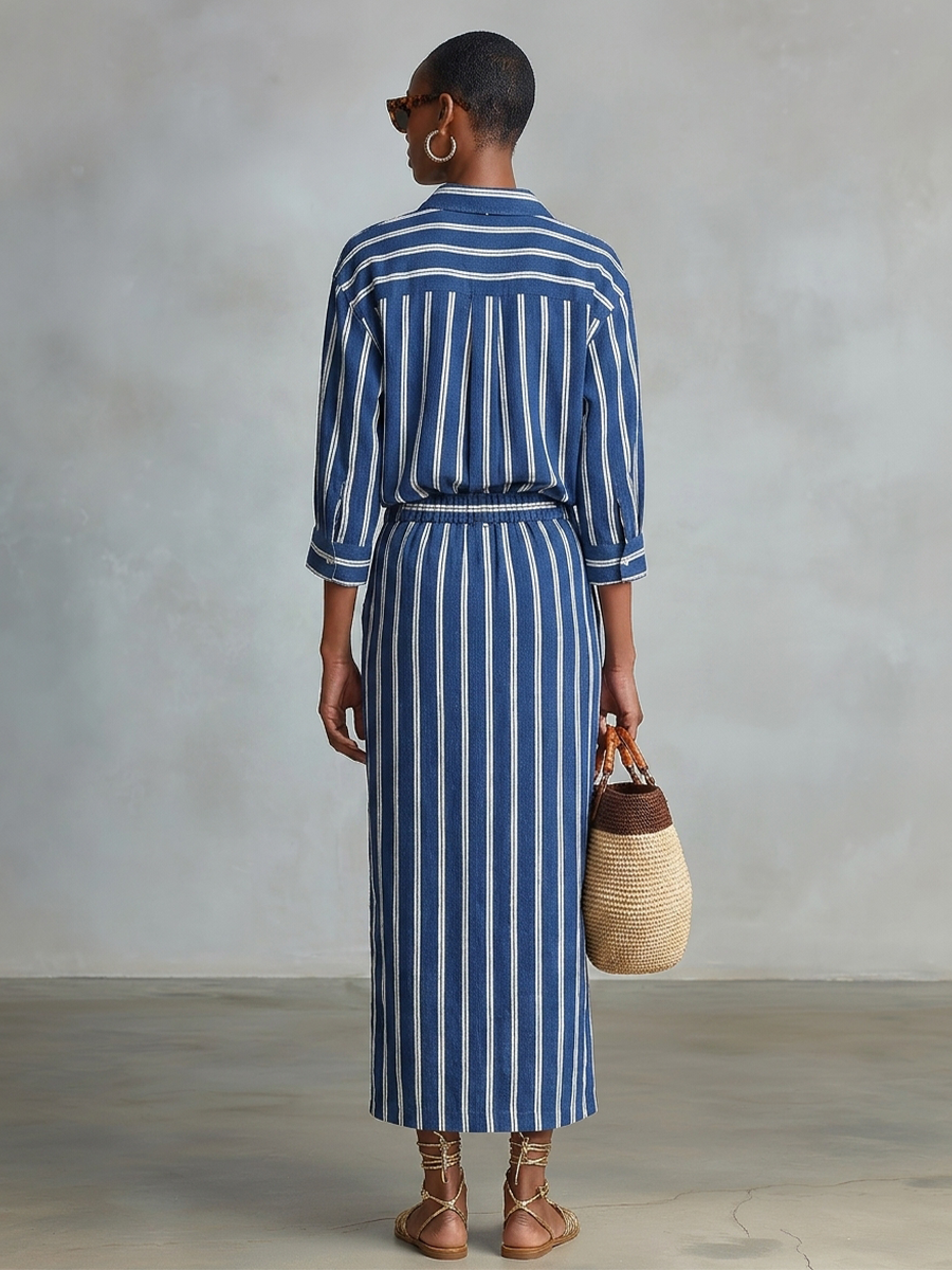 Cecilia — Completo due pezzi in cotone a righe blu royal
