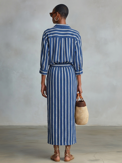 Cecilia — Completo due pezzi in cotone a righe blu royal