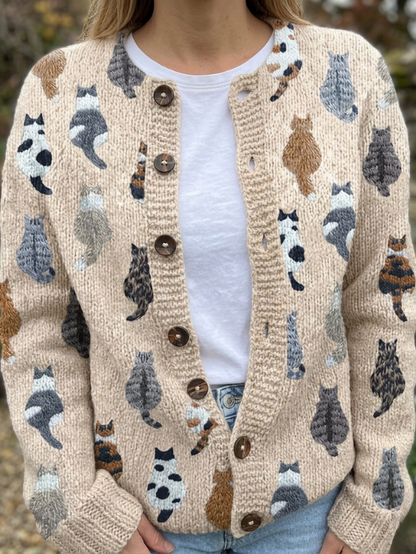 Charlotte — Cardigan in maglia con stampa gatti