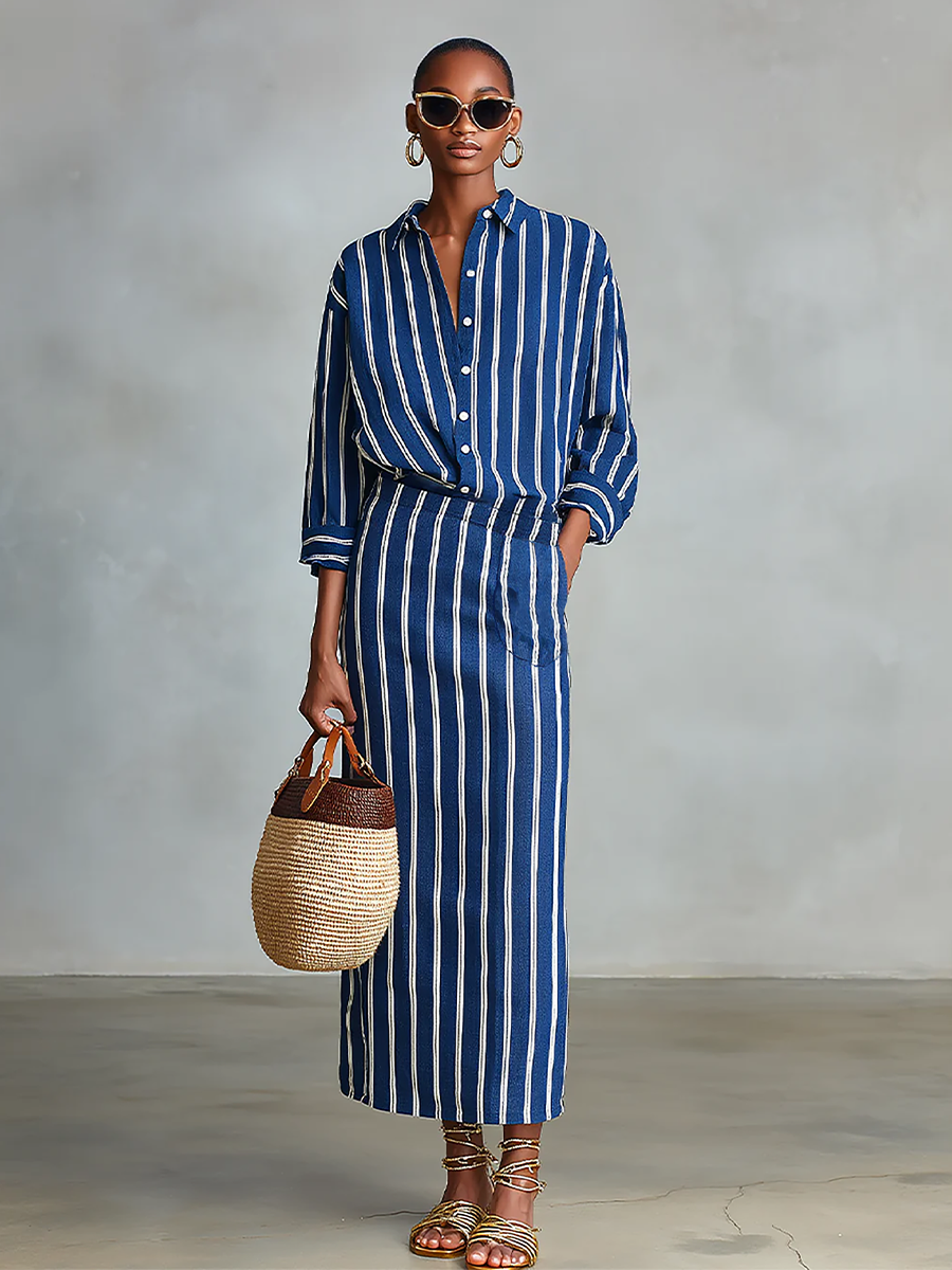 Cecilia — Completo due pezzi in cotone a righe blu royal