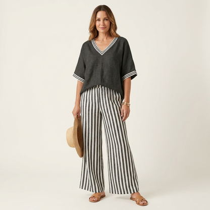 Giovanna — Completo con top a V e pantaloni a righe