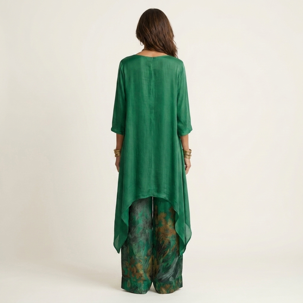 Carmela — Completo in cotone e seta con tunica asimmetrica