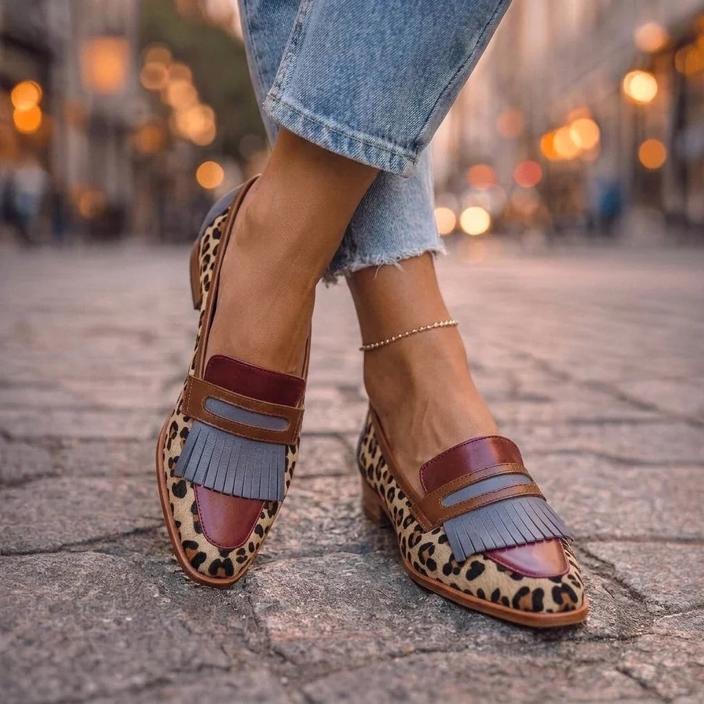 Bianca — Mocassini con frange e stampa leopardo