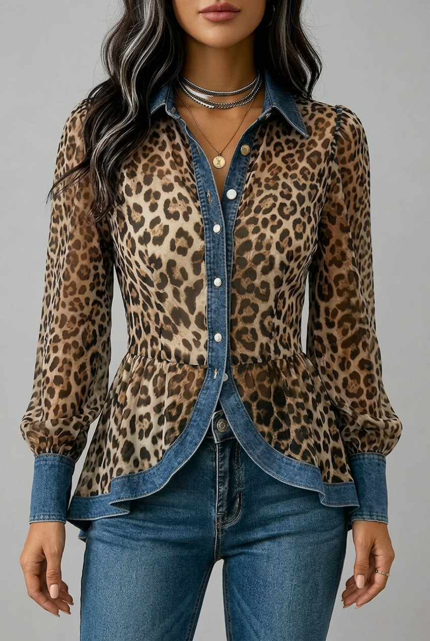 Fabiana — Giacca lunga con inserti in denim e stampa leopardo