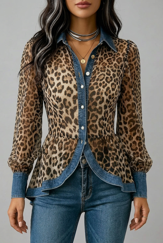Fabiana — Giacca lunga con inserti in denim e stampa leopardo