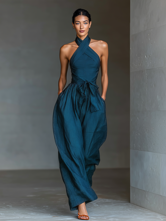 Donata — Tuta intera in lino senza maniche blu navy