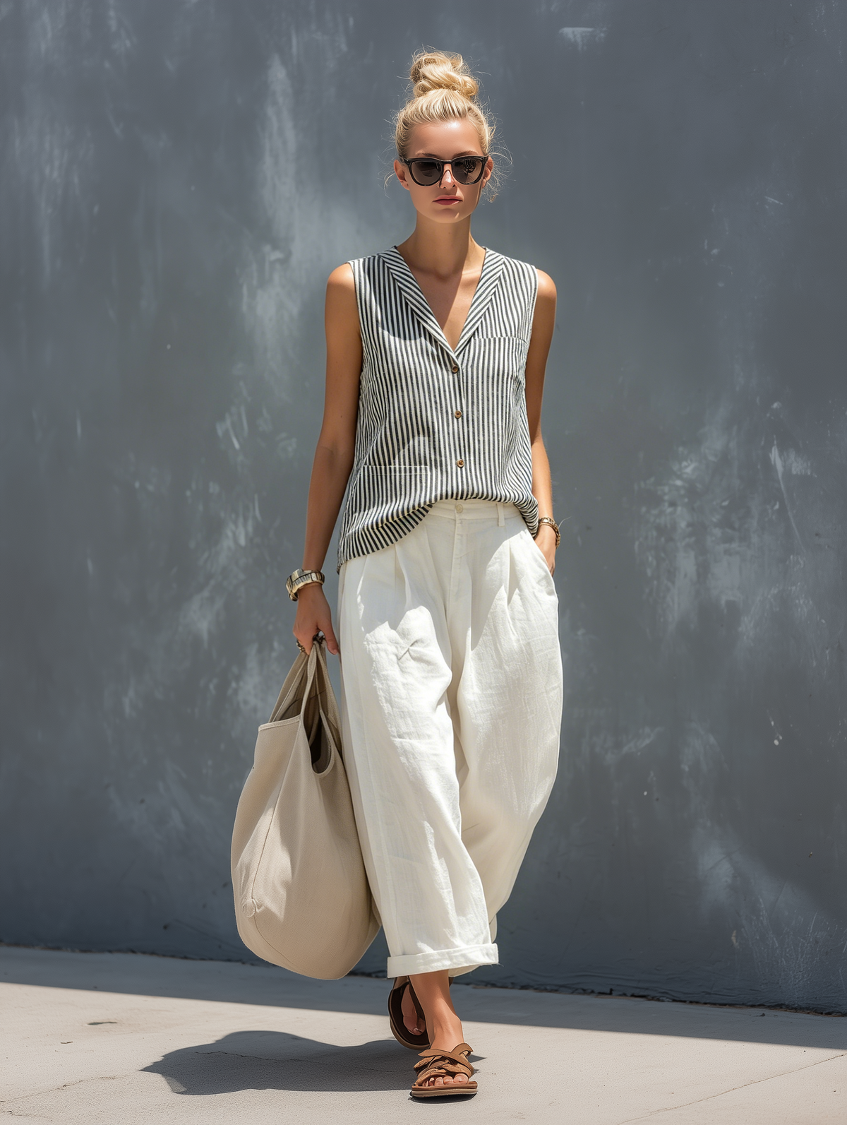 Elisa — Completo due pezzi in cotone e lino a righe righe