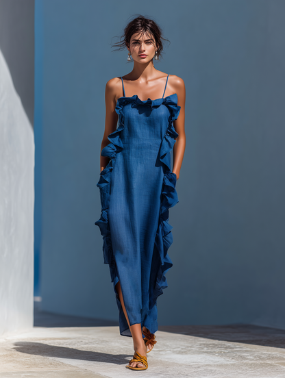 Guglielmina — Abito lungo in lino senza maniche blu