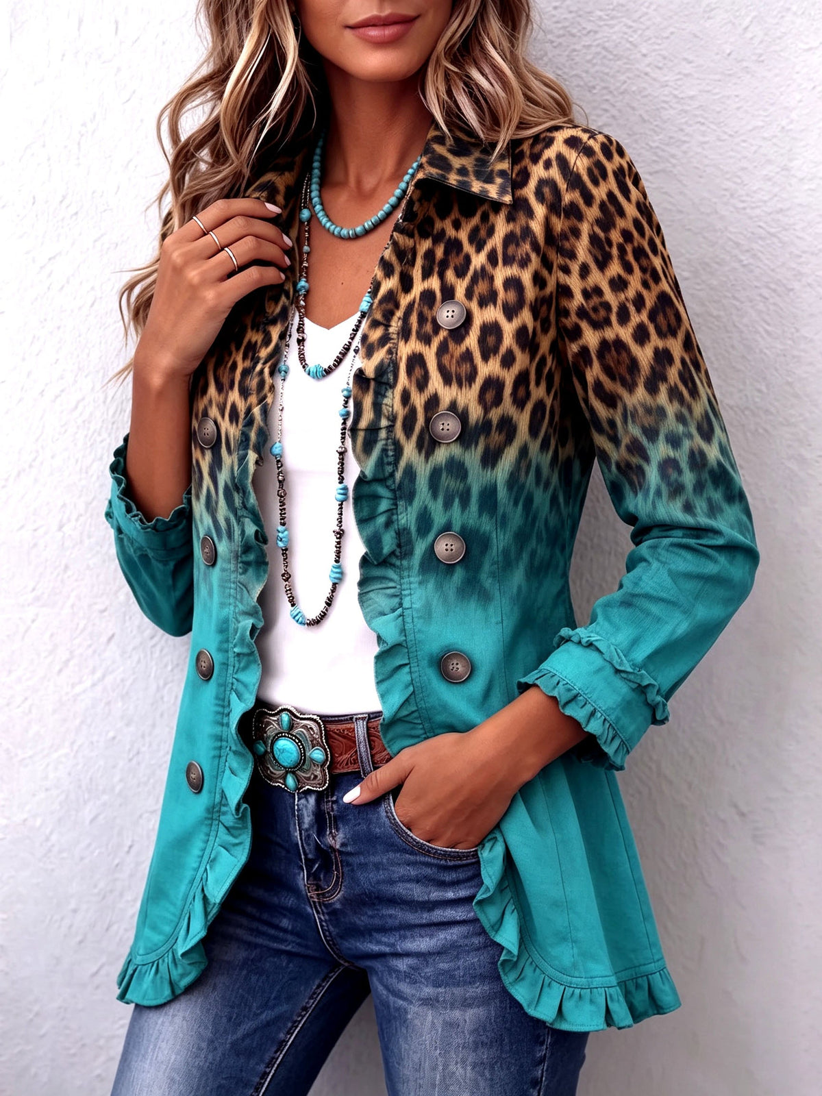 Elsa — Giacca blazer con volant e stampa leopardo