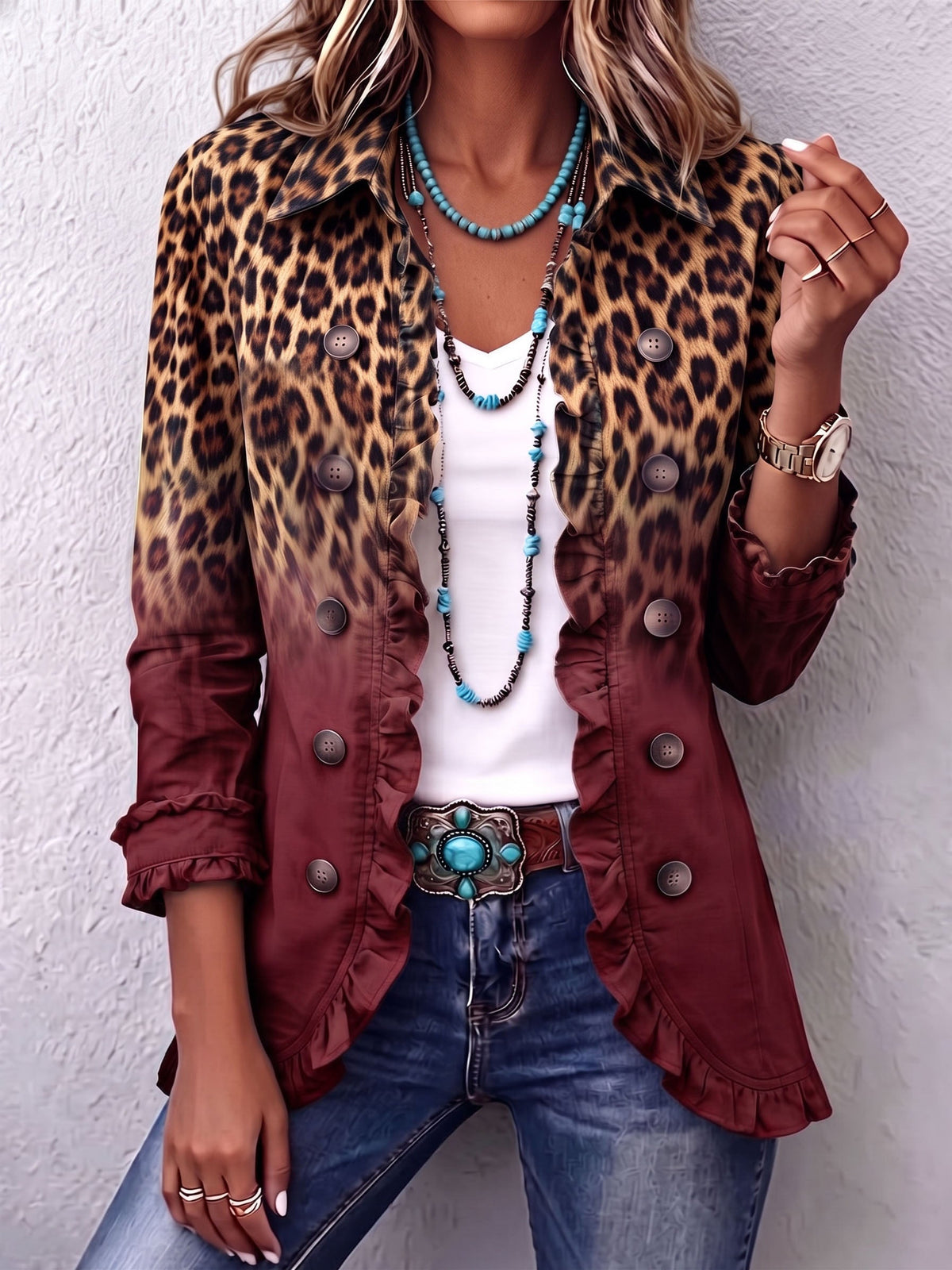 Elsa — Giacca blazer con volant e stampa leopardo