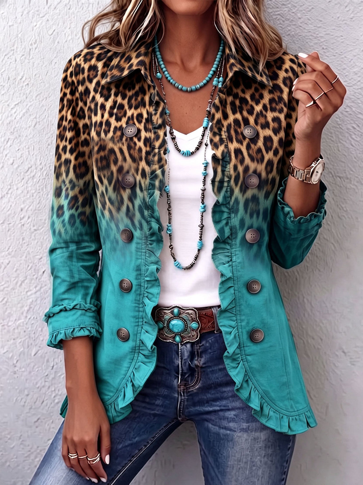 Elsa — Giacca blazer con volant e stampa leopardo