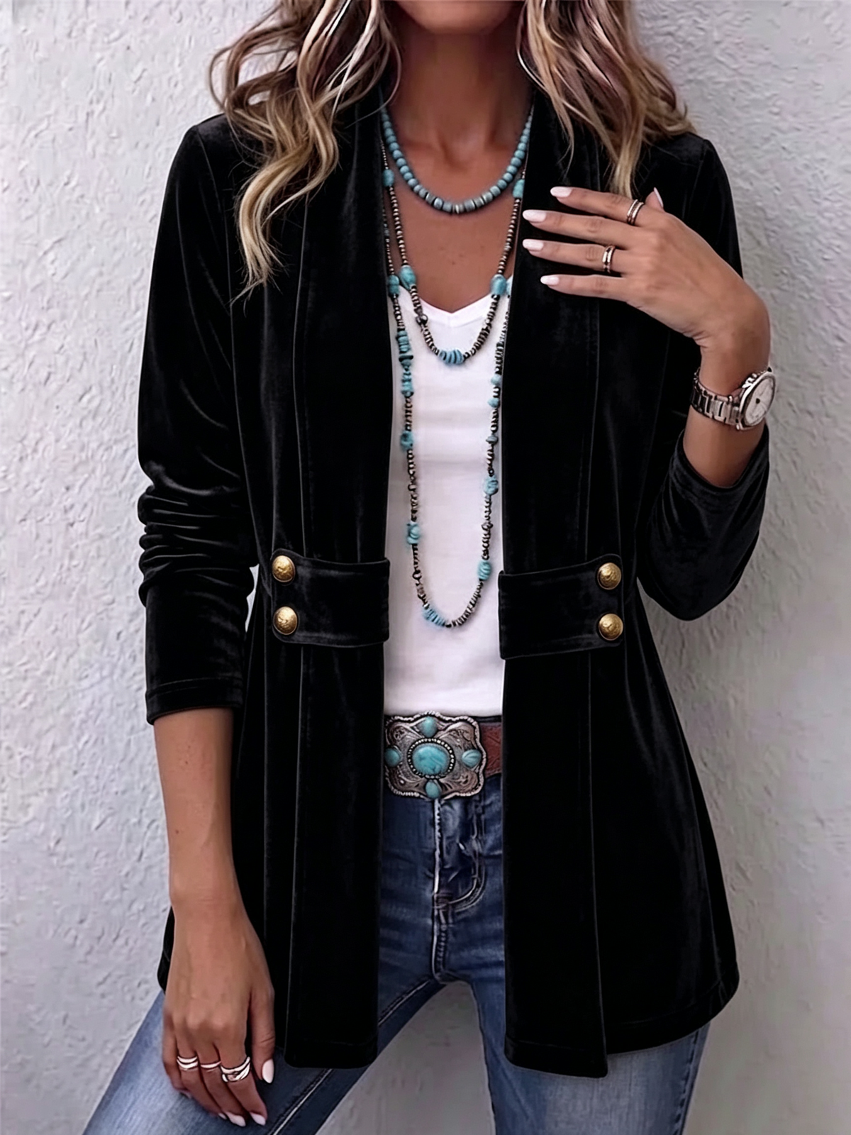 Oliviera — Giacca aperta con revers e bottoni decorativi
