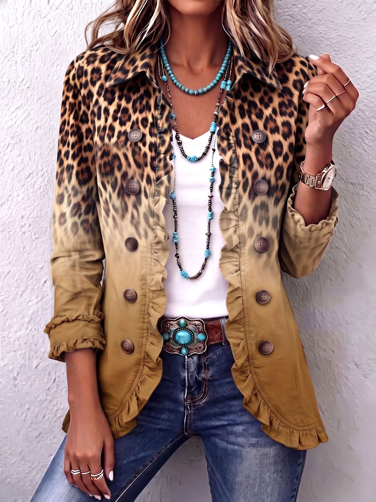 Elsa — Giacca blazer con volant e stampa leopardo
