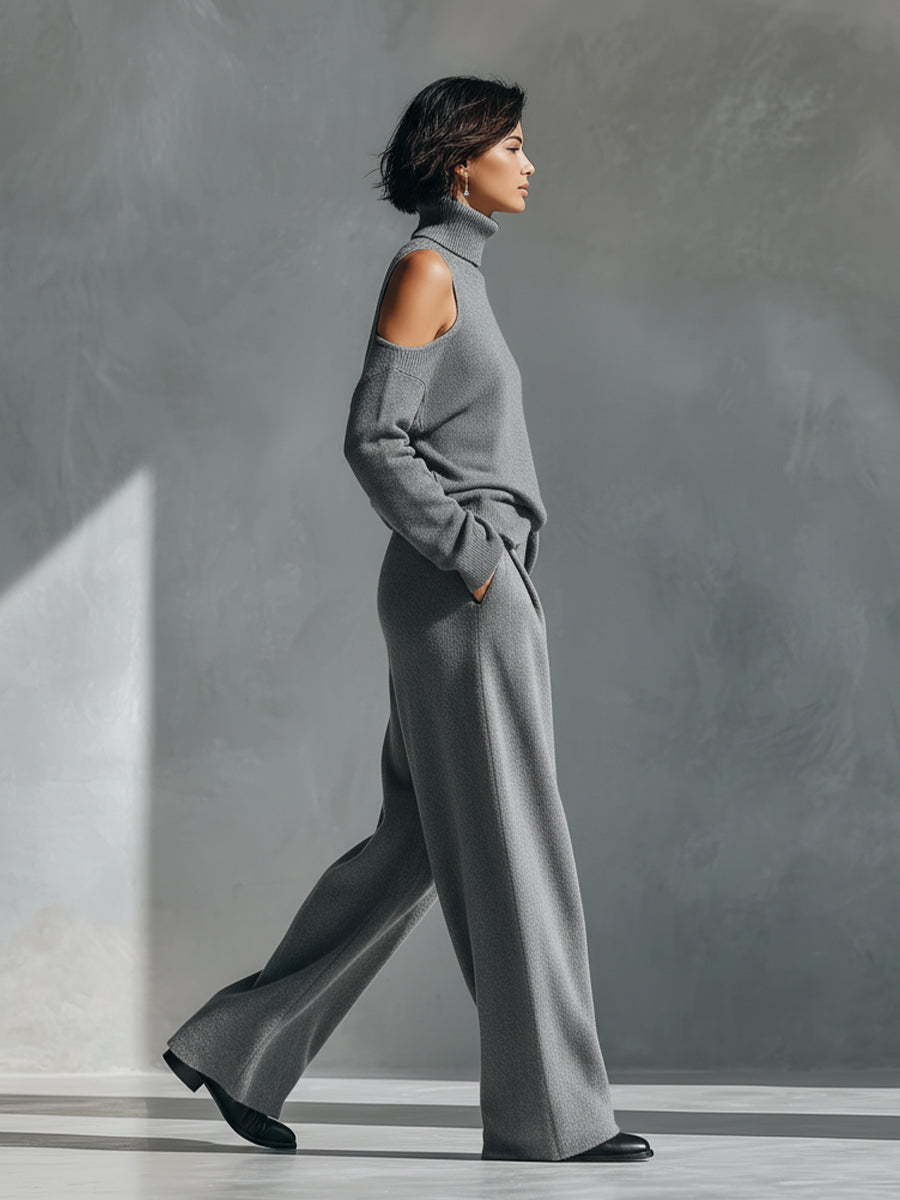 Dalia — Completo due pezzi in maglia con pantaloni a gamba larga grigio