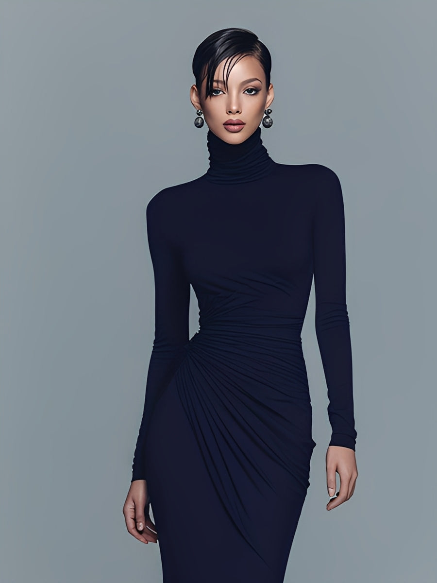 Gaudenzia — Abito lungo in cotone con collo alto blu navy