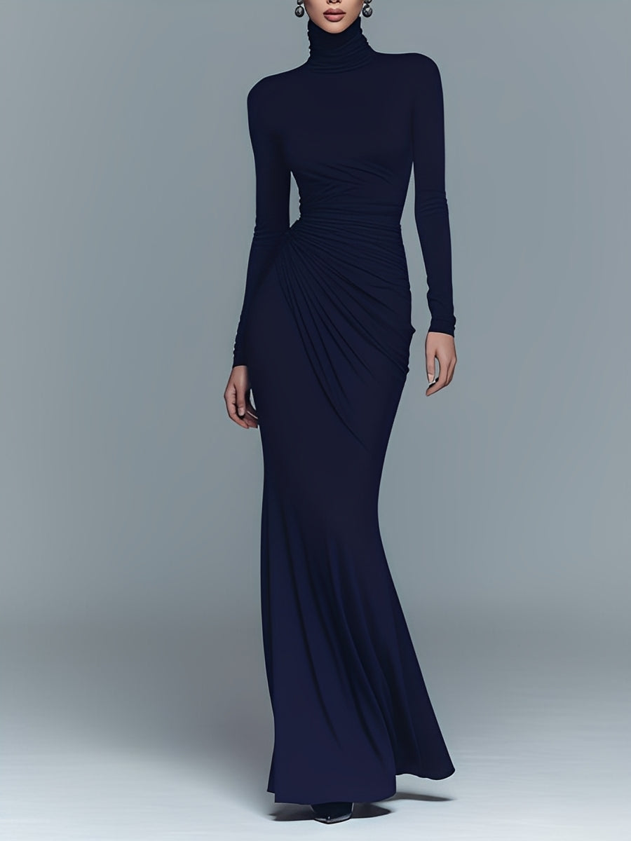 Gaudenzia — Abito lungo in cotone con collo alto blu navy