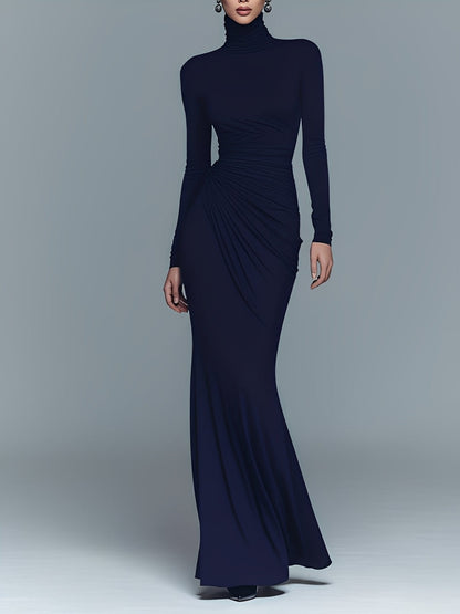 Gaudenzia — Abito lungo in cotone con collo alto blu navy