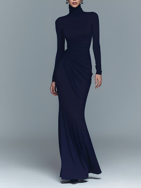 Gaudenzia — Abito lungo in cotone con collo alto blu navy