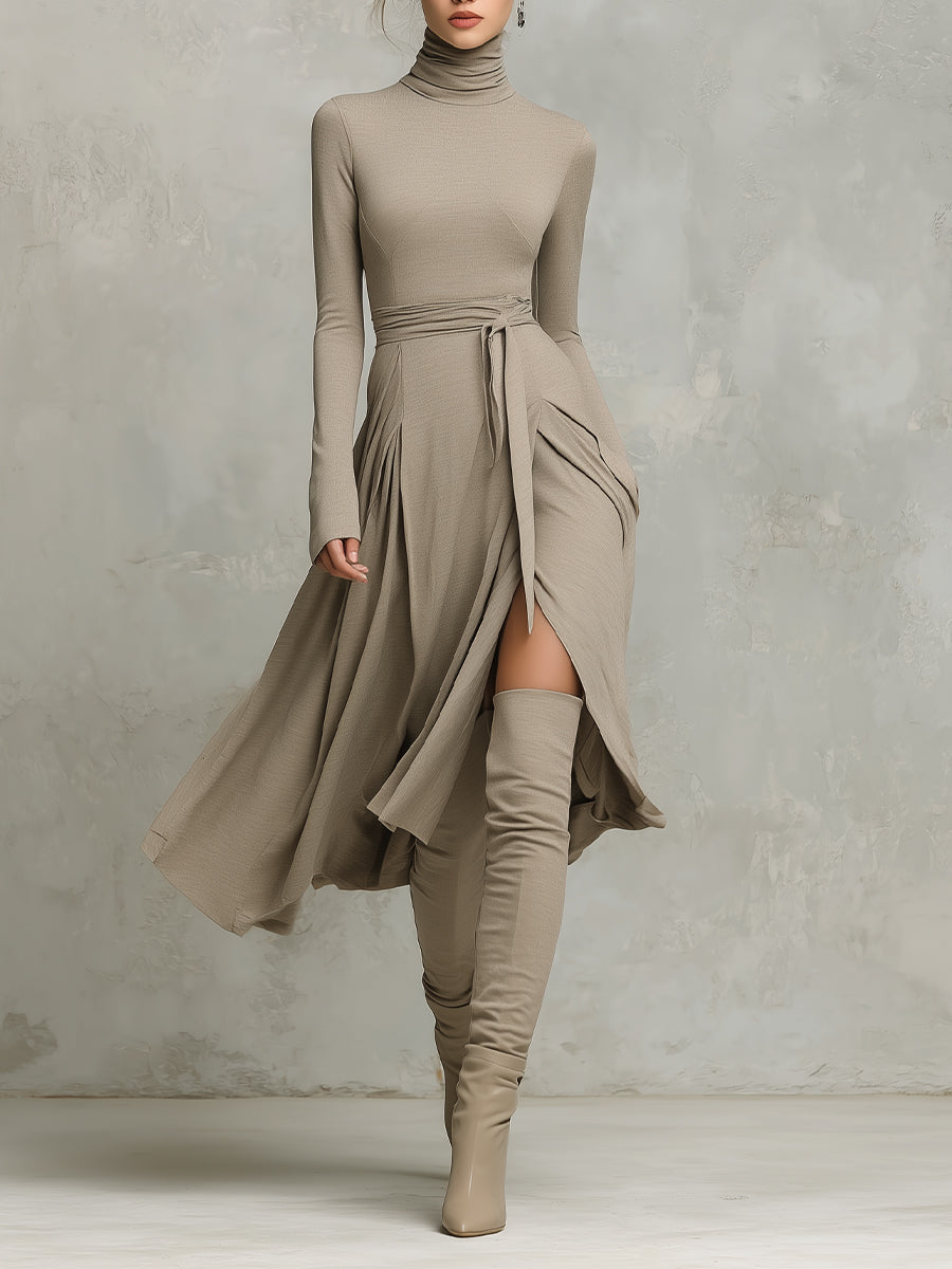 Crescenza — Abito midi in maglia con collo alto beige