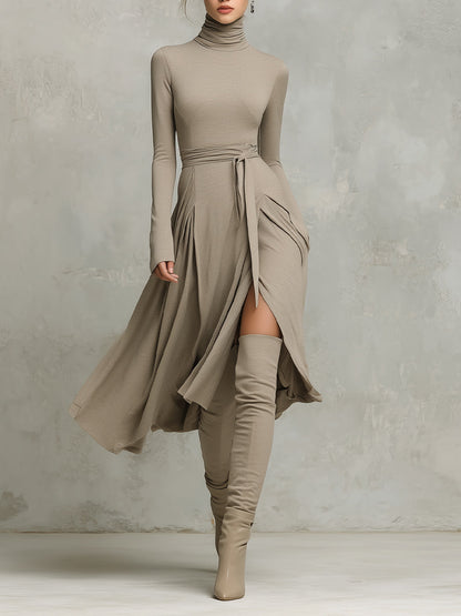 Crescenza — Abito midi in maglia con collo alto beige