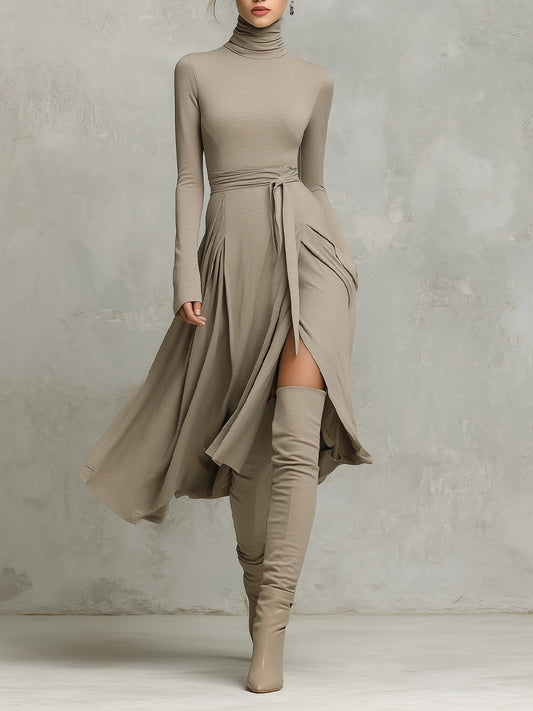 Crescenza — Abito midi in maglia con collo alto beige